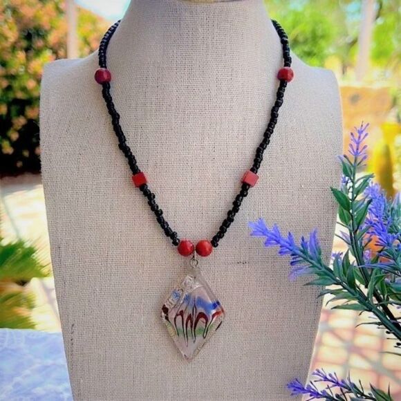 Vintage Art Glass & Genuine Red Jasper Stone Seed Bead Choker Necklace - Picture 1 of 12